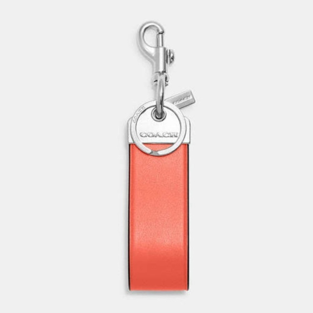 COACH CJ752 LEATHER LOOP HANDBAG CHARM KEY CHAIN FOB Tangerine Orange SILVER